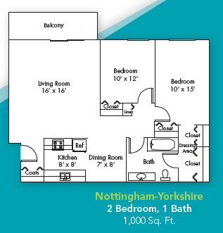 Floor plan for 2 beds, 1 bath, 1000 sqft